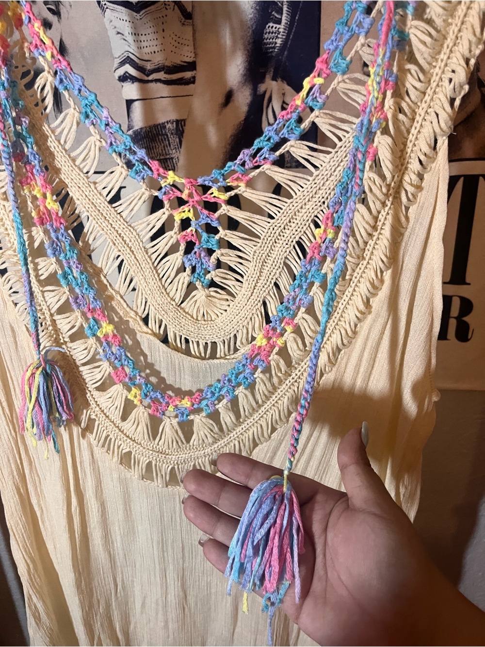 SHEIN Cream Fringe Crochet Boho Sleeveless Cover Up Women’s Large - Picture 3 of 5